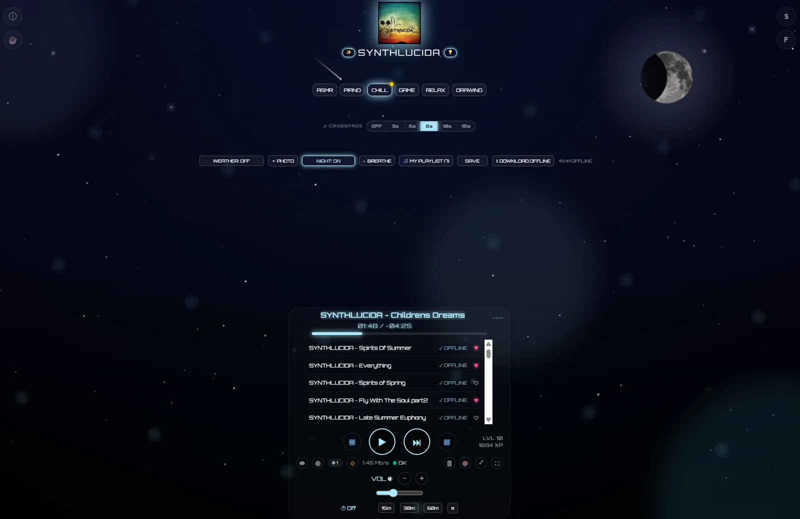 RelaxPlayer's space visual theme — starfield, moon and a shooting star behind the playlist and player controls