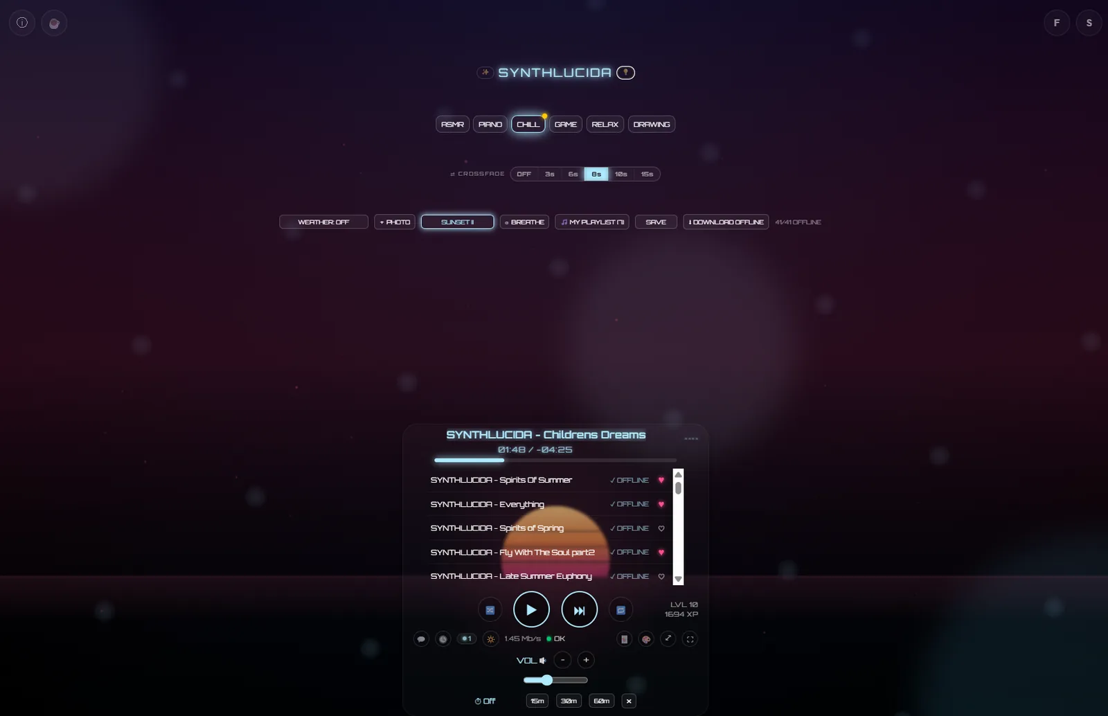 RelaxPlayer's sunset visual theme with a warm gradient sky behind the playlist and player controls