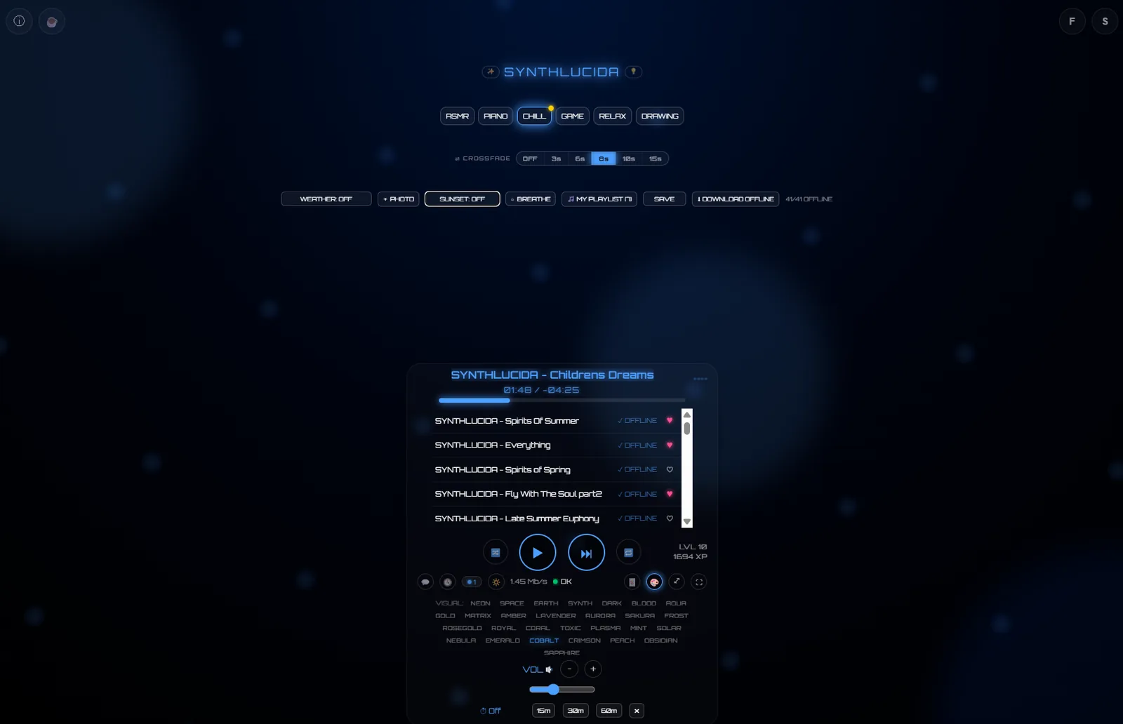 RelaxPlayer's Cobalt visual theme with the full theme picker open, showing dozens of available color themes