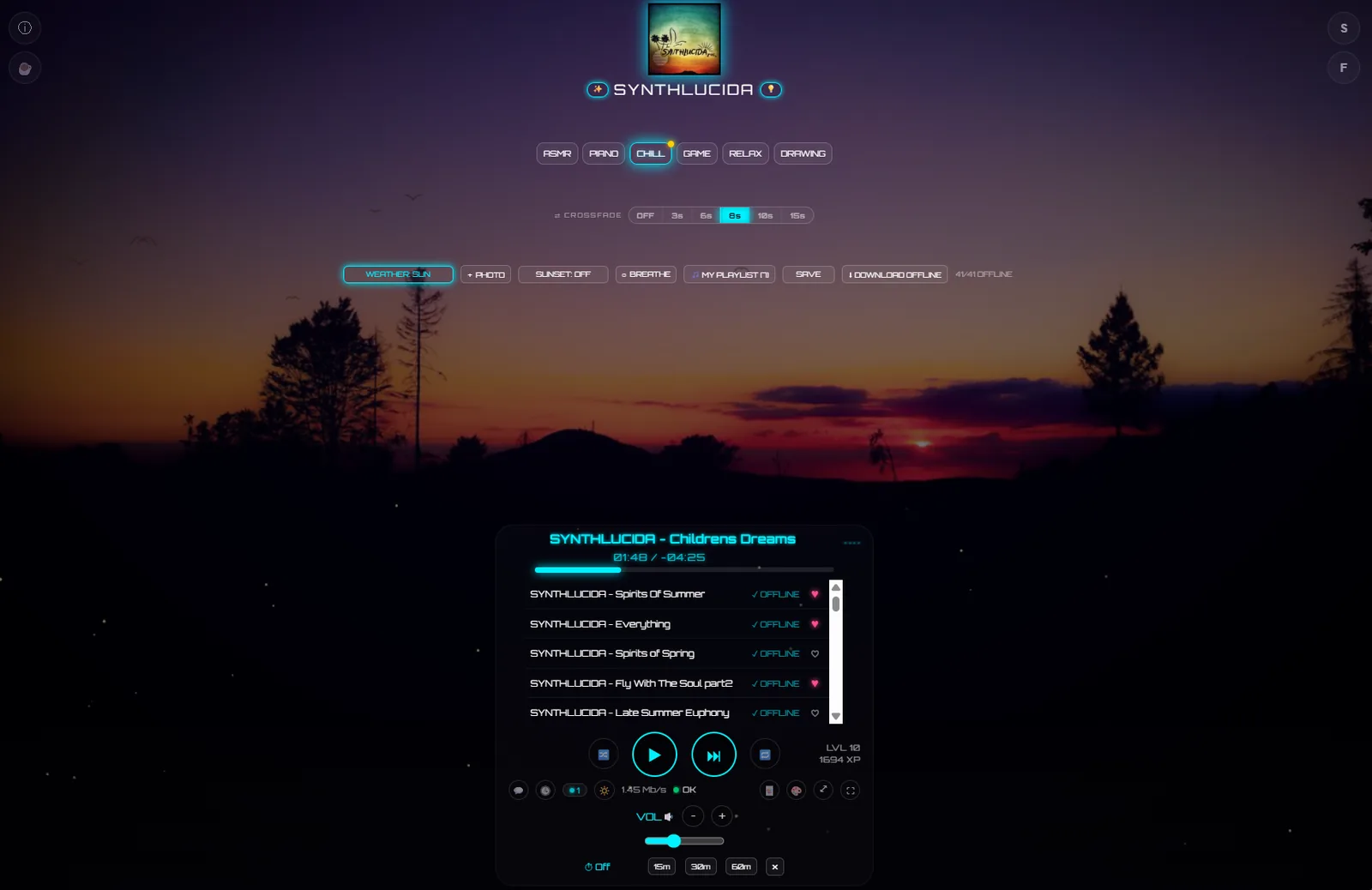 RelaxPlayer's live weather visual theme showing a real sunset photo behind the playlist