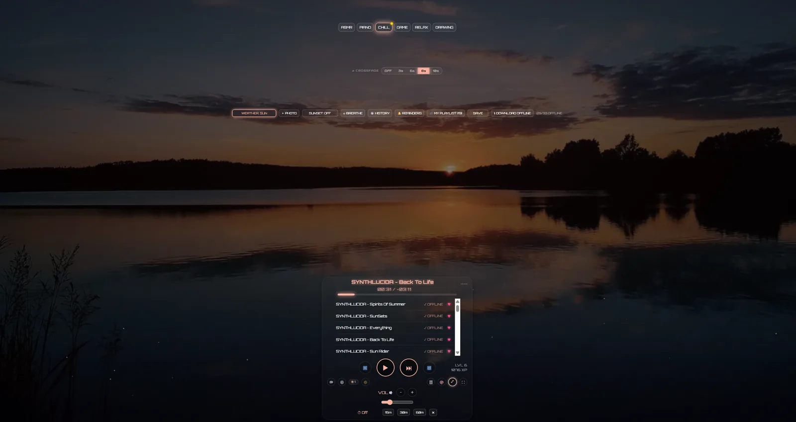 RelaxPlayer running a sunset lake soundscape with the SYNTHLUCIDA playlist, crossfade, weather and history controls visible